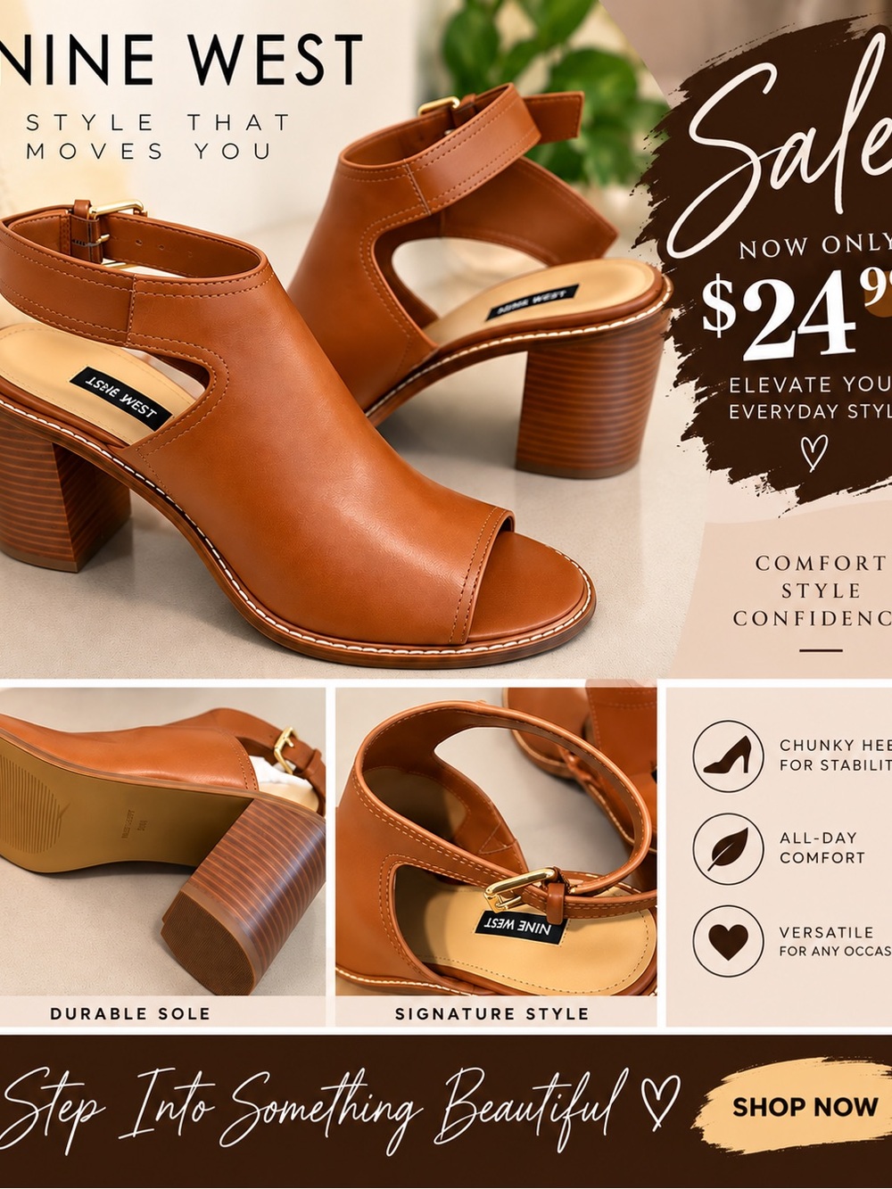 Nine West Cognac Open-Toe Block Heel Sandals